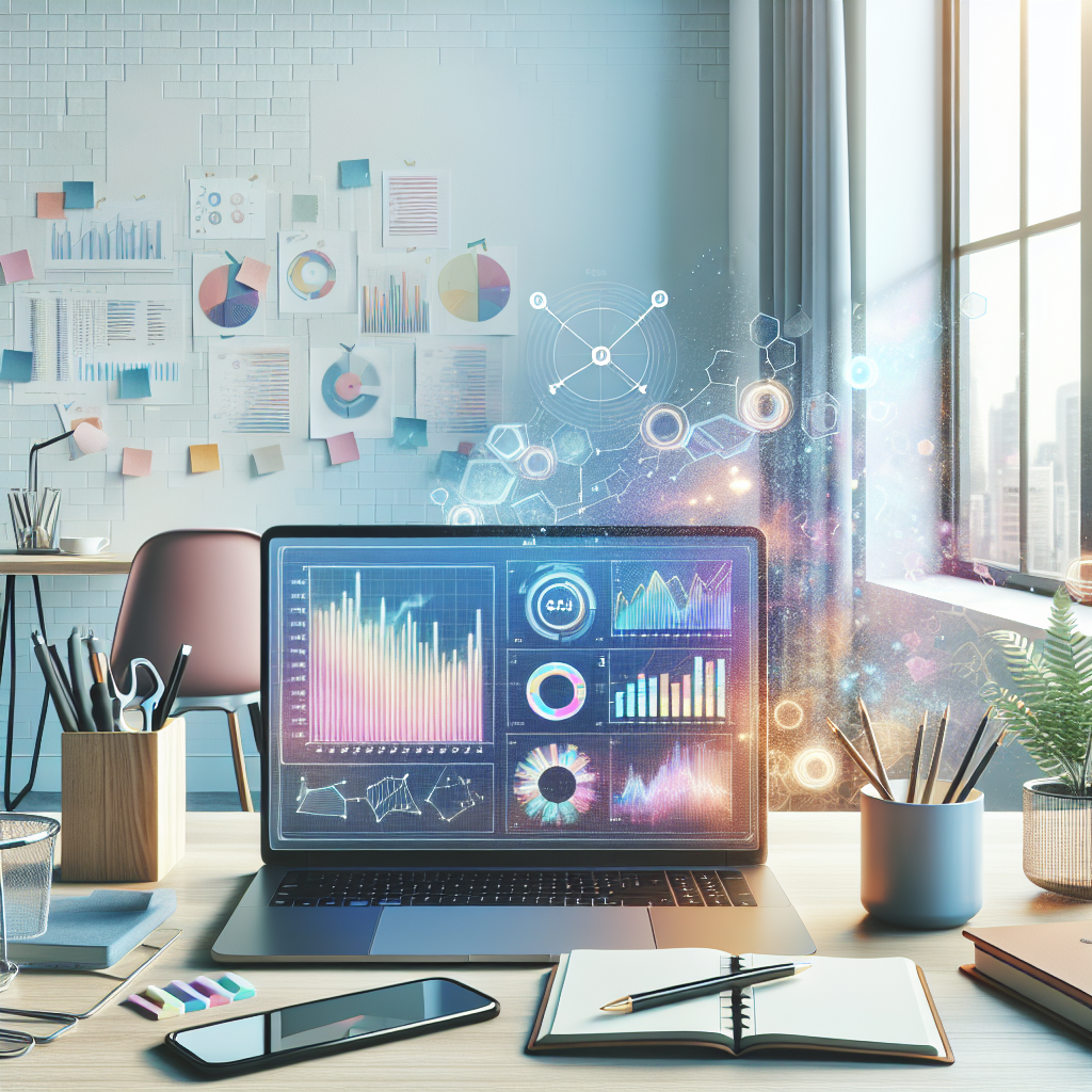 A digital workspace with a laptop showing marketing analytics, complemented by a clean desk and warm lighting.