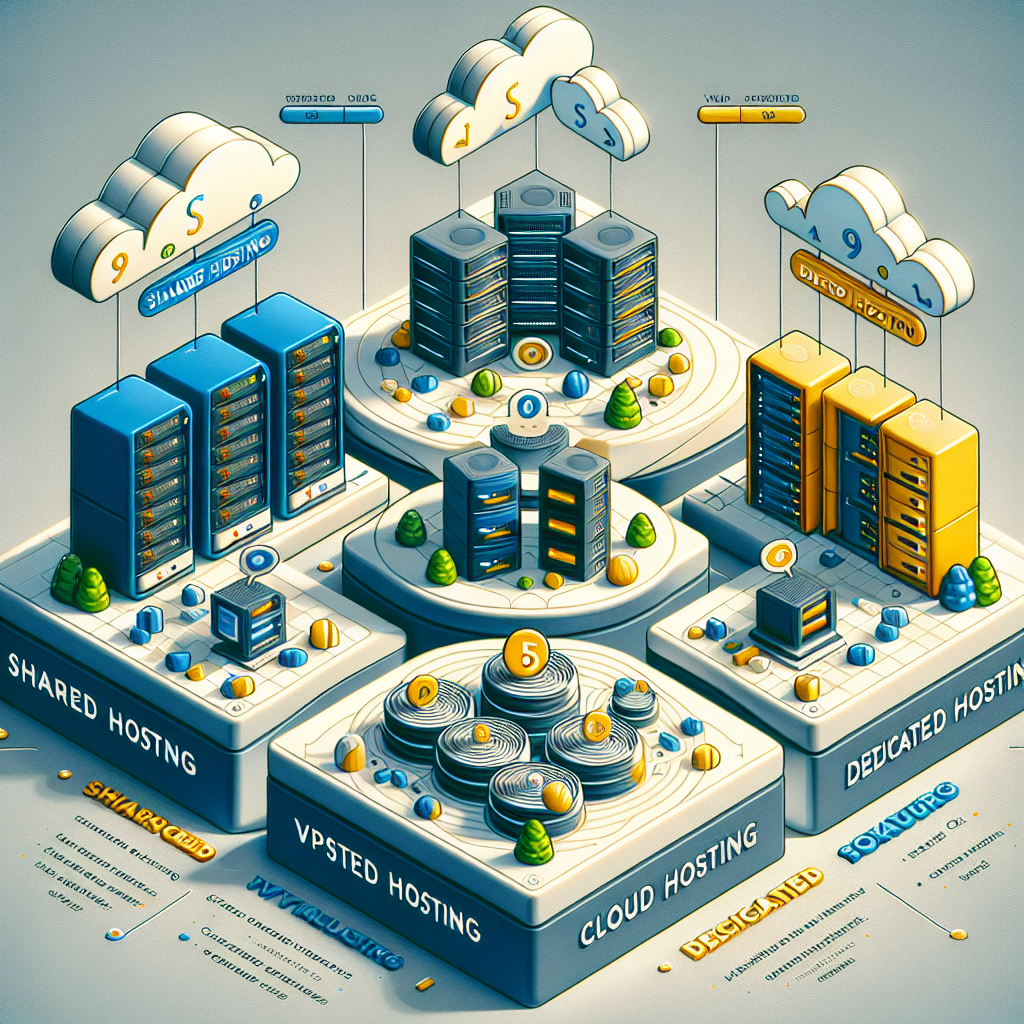 An illustration of different types of website hosting servers, visually depicting Shared, VPS, Dedicated, and Cloud Hosting.
