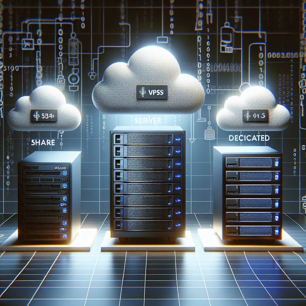 Visual representation of different website hosting types: shared, VPS, and dedicated hosting, with a tech-themed background.