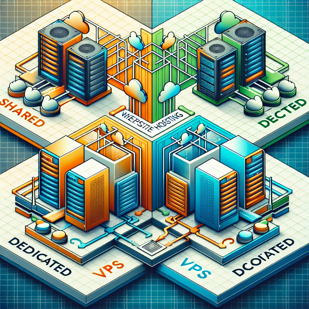 An infographic illustrating different types of website hosting: shared, VPS, dedicated, and cloud hosting.