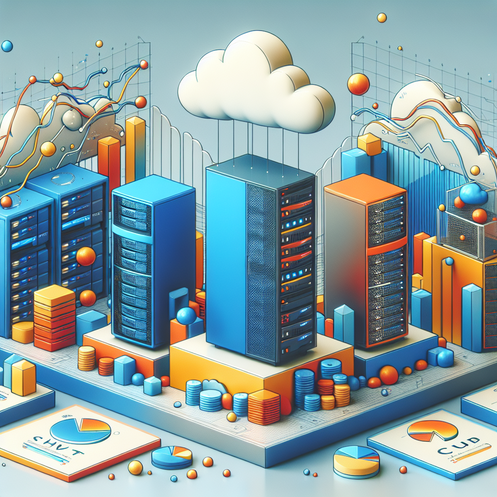 An illustration of different types of website hosting represented by colorful server racks in a digital landscape.