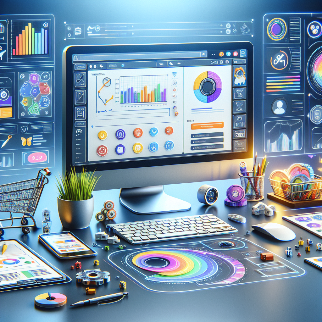 A digital workspace with website tools including a content management system interface, analytics graphs, and an e-commerce platform layout.