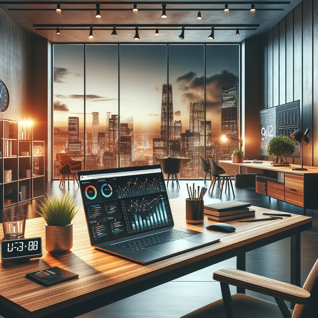 A modern office setup illustrating website hosting importance, featuring a laptop and city skyline.