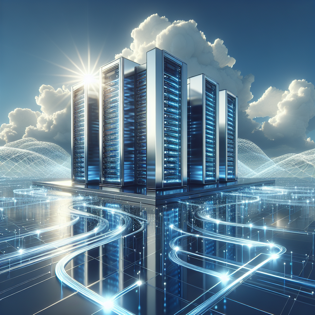 A digital landscape symbolizing website hosting with interconnected server towers and glowing data streams.
