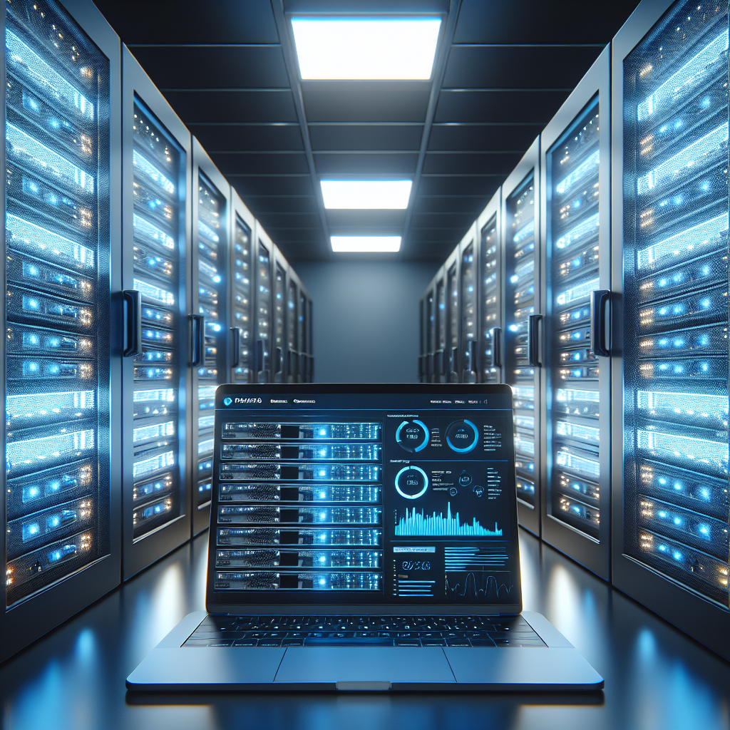 A server room with high-tech servers and a laptop displaying a website dashboard.