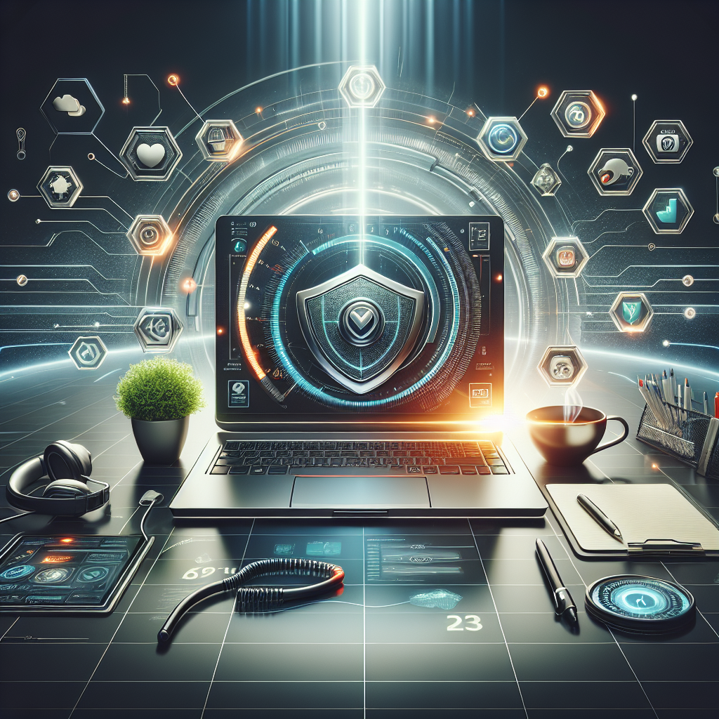 A modern workspace with a high-end laptop showing a website dashboard, symbols of security, speed, and support surrounding it.