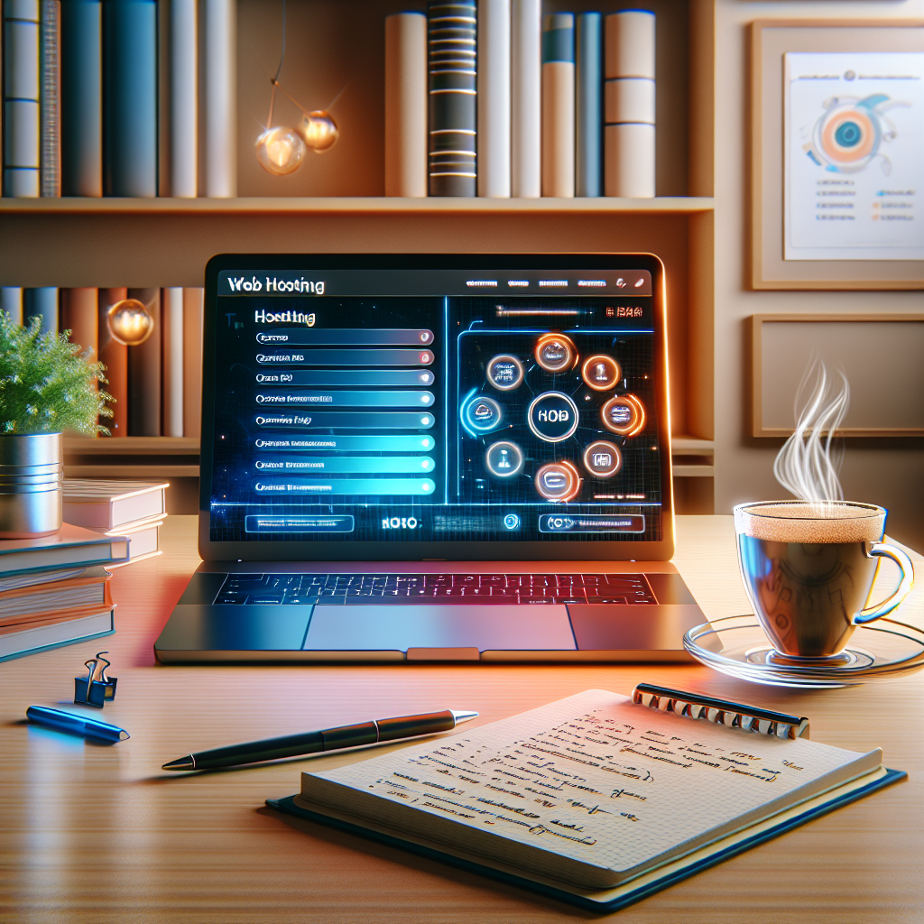 A digital workspace with a laptop, coffee cup, and notepad.