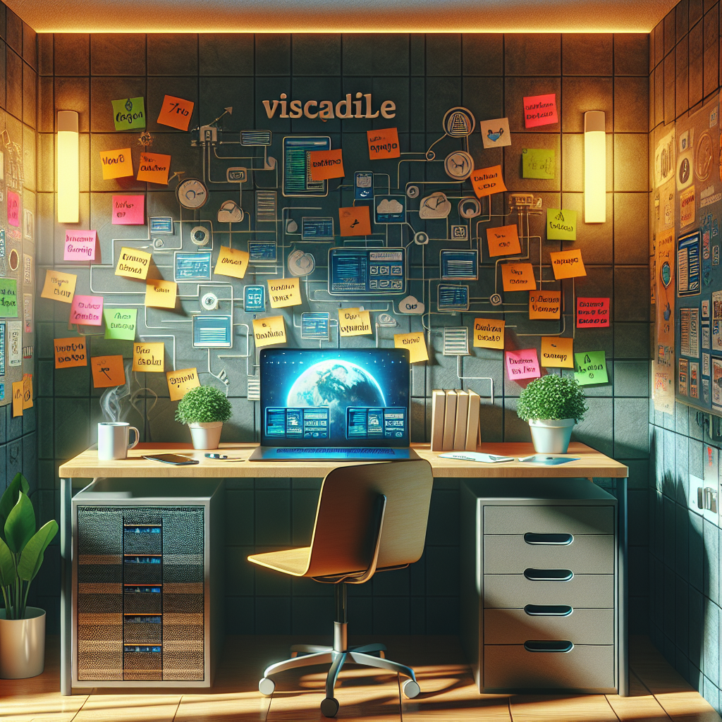 A digital workspace with a laptop, sticky notes, a plant, and a coffee mug.