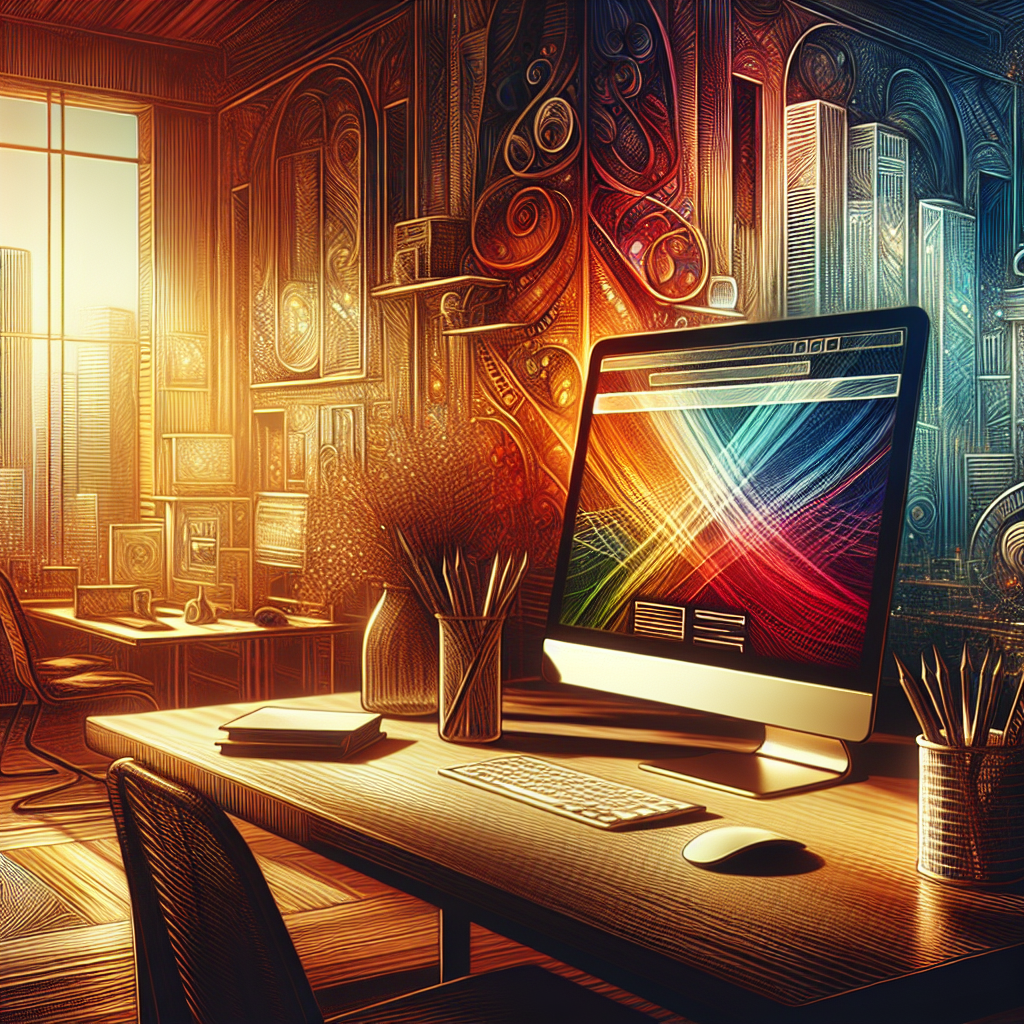 A desktop computer displaying a colorful website layout in a warm, inspiring workspace with a city skyline in the background.