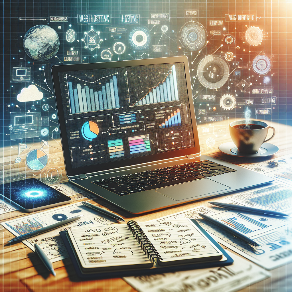 A digital workspace showing a laptop, hosting icons, a notepad, and a coffee cup.