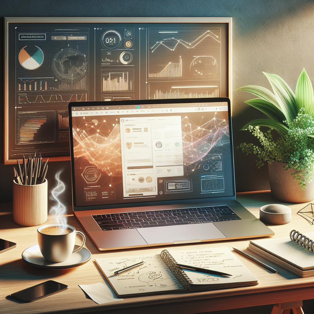 A modern computer desk setup with a laptop, notepad, and coffee cup.