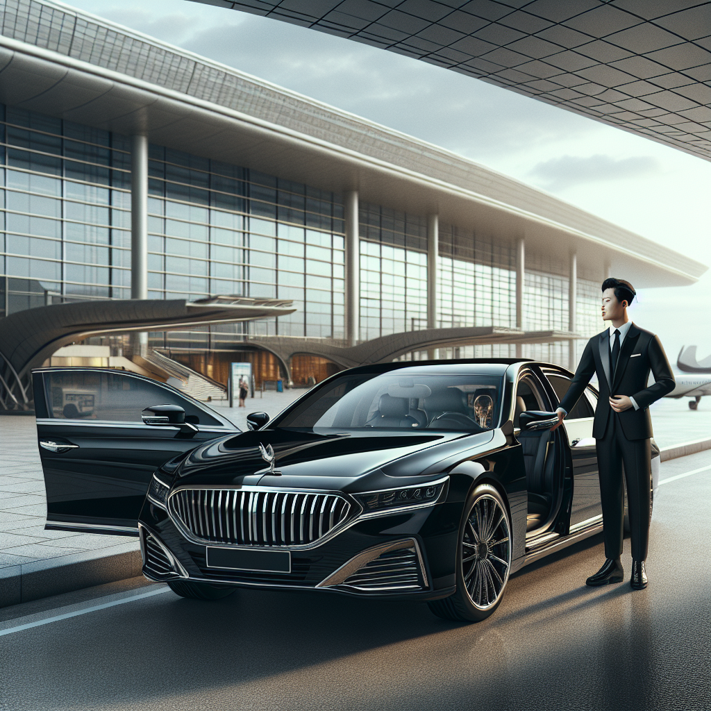 Luxury black sedan at a modern airport with a professional driver opening the door.