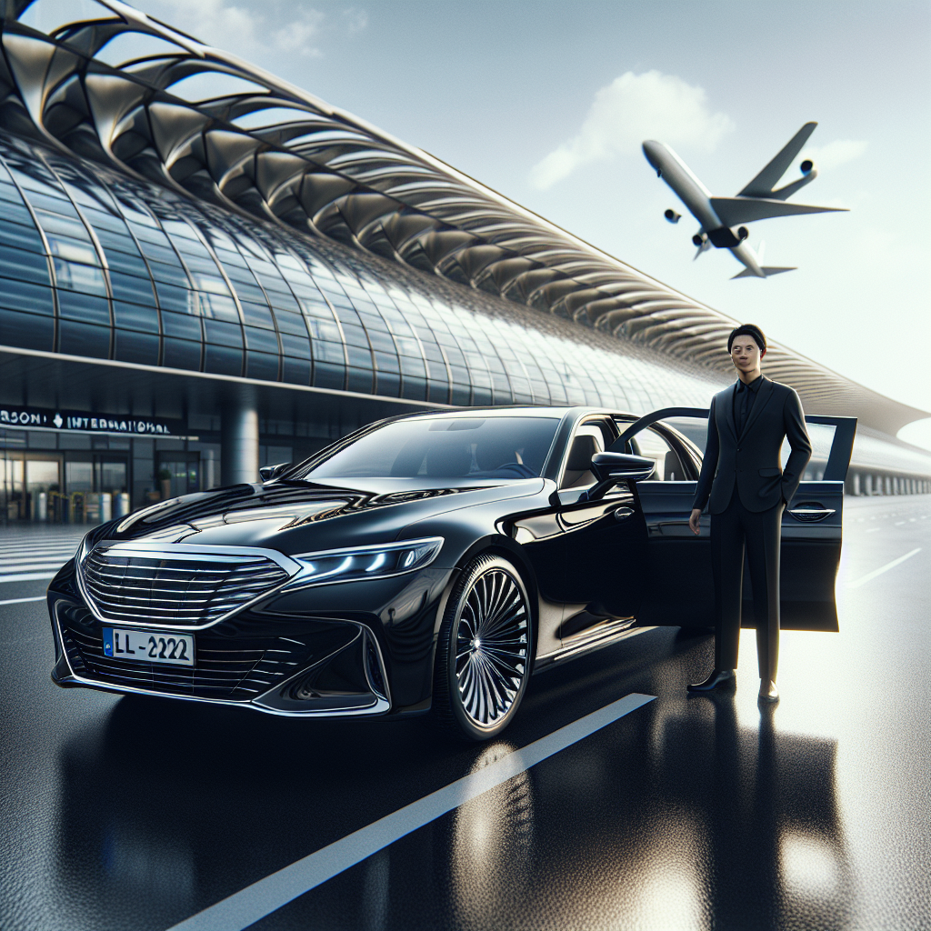 Realistic image of a black luxury sedan serviced by a professional driver in front of Toronto Pearson International Airport.