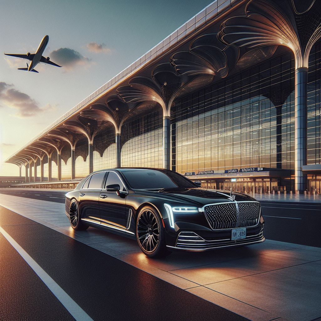 Luxury black sedan parked in front of Toronto Pearson International Airport at sunset, symbolizing high-end black car service.