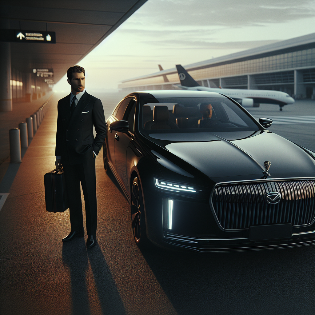 A black luxury sedan with a chauffeur at Toronto Pearson International Airport in the early morning light.