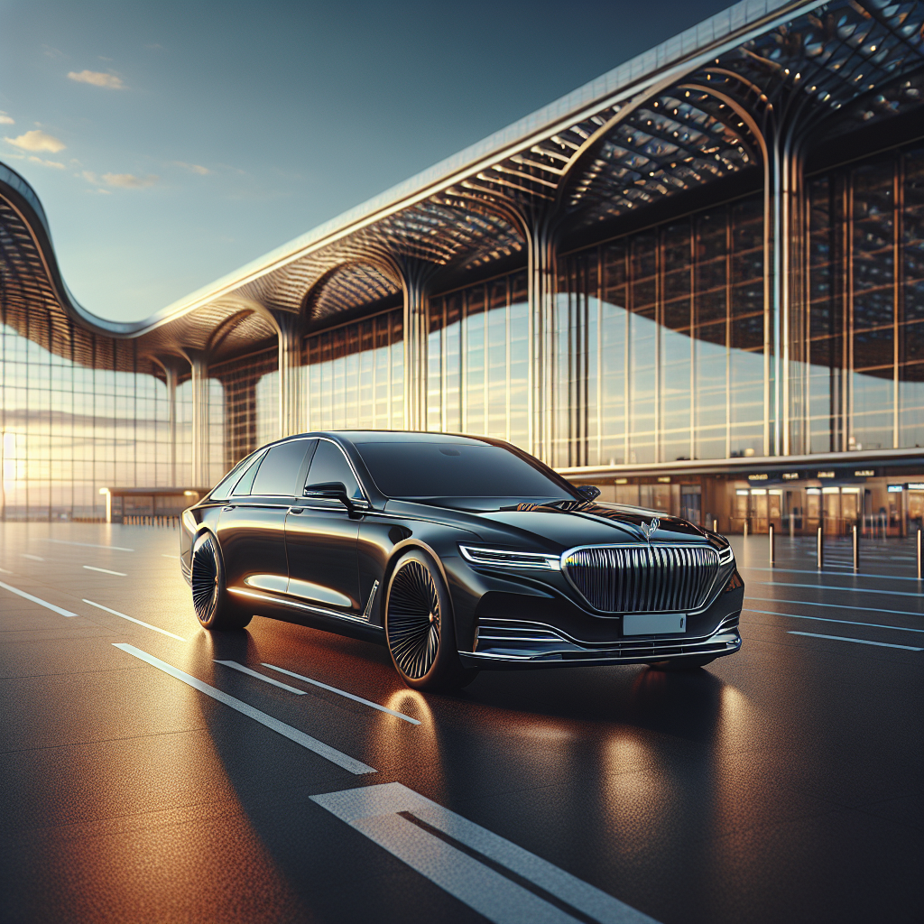 Luxurious black service car parked in front of Toronto Pearson International Airport at sunset, embodying elegance and punctuality.