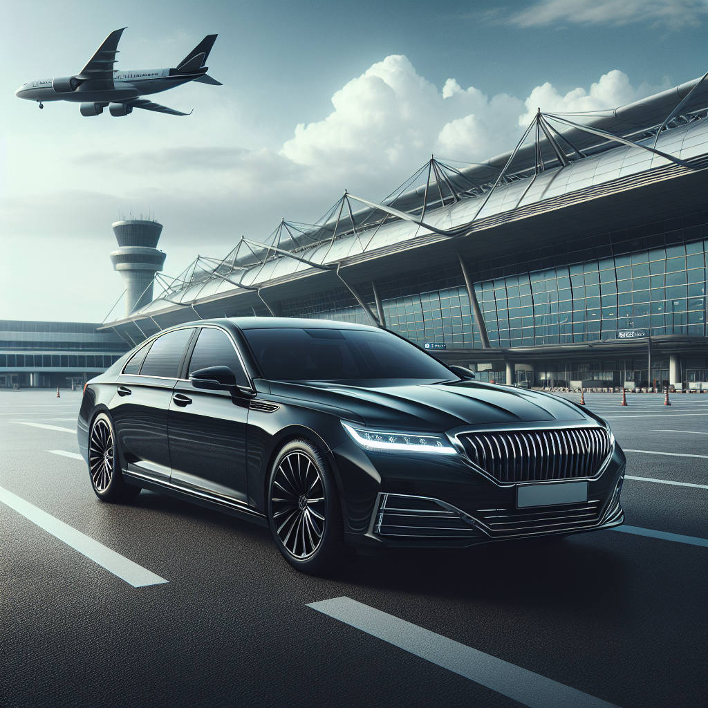 A sleek black luxury sedan parked at Toronto Pearson International Airport.