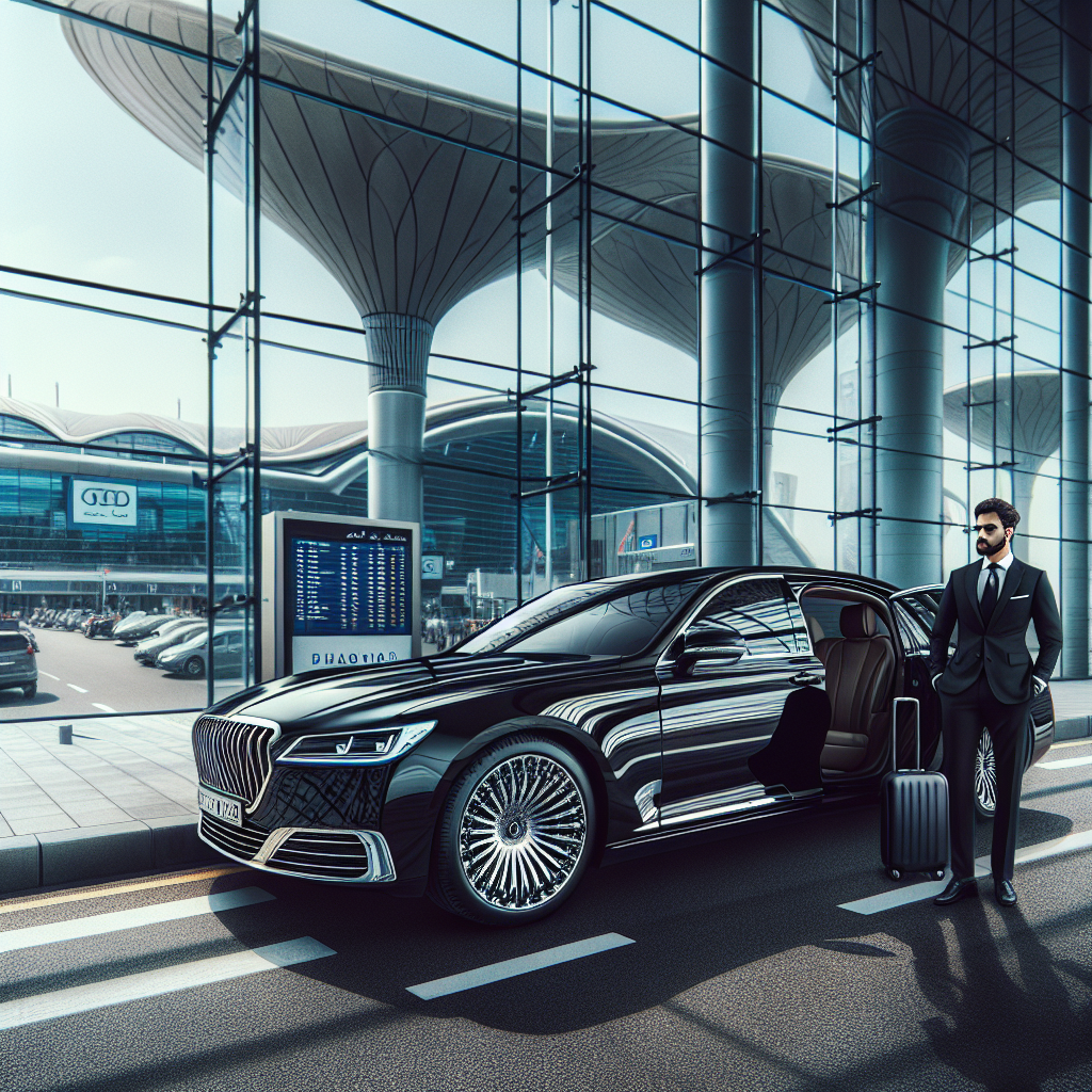 Luxury black sedan parked at Toronto Pearson International Airport with a driver waiting beside it.