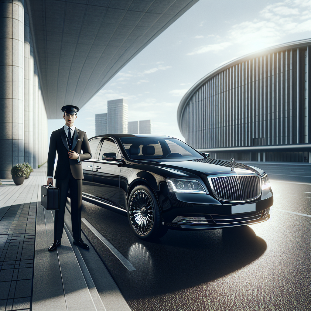 A luxury black sedan with chauffeur at a modern airport terminal representing upscale black car service.