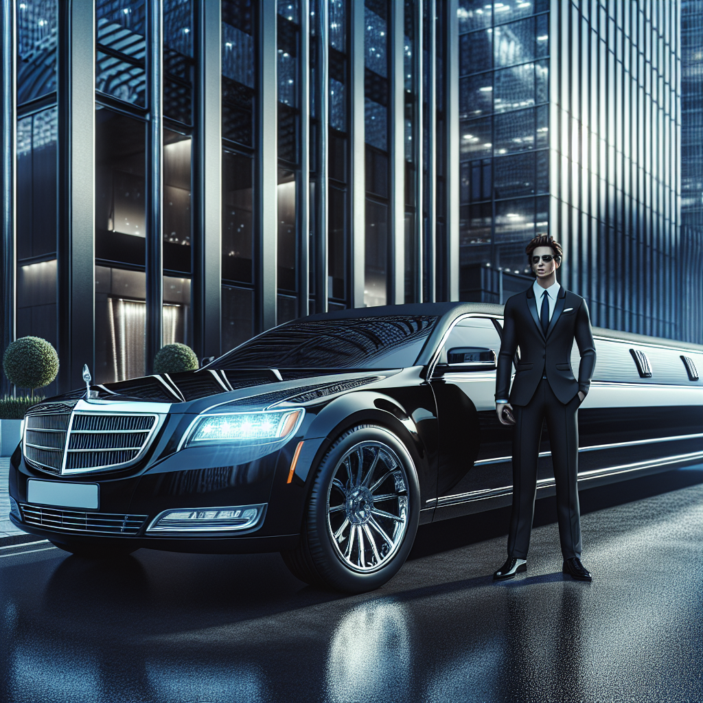 A hyper-realistic image of a luxurious black limousine with a chauffeur standing by the open door in an upscale urban environment, conveying an air of opulence and exclusivity.