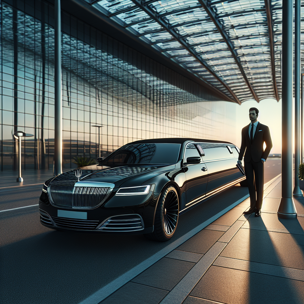 Realistic image of a luxury black limousine with a chauffeur, parked in front of an airport terminal during the early morning.