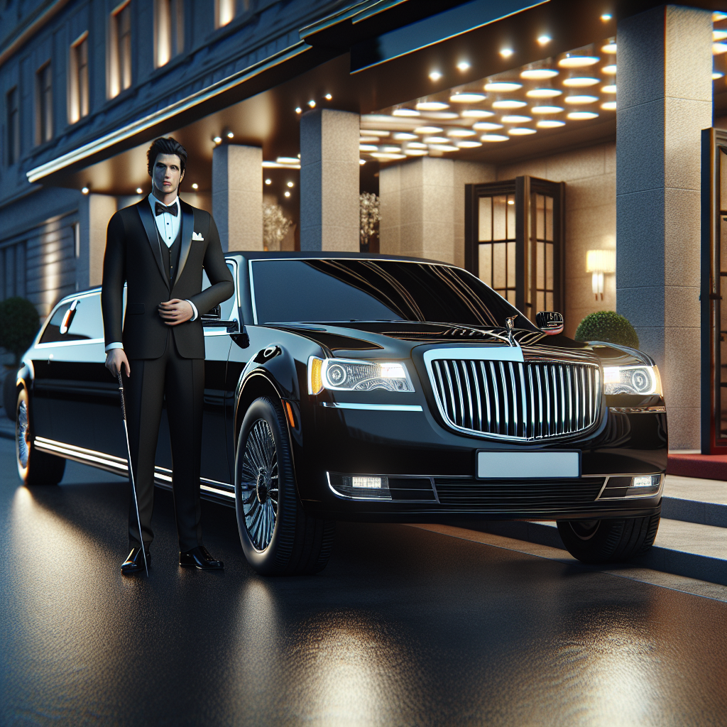 Luxury black limousine with open door and chauffeur in front of an upscale hotel entrance at evening.