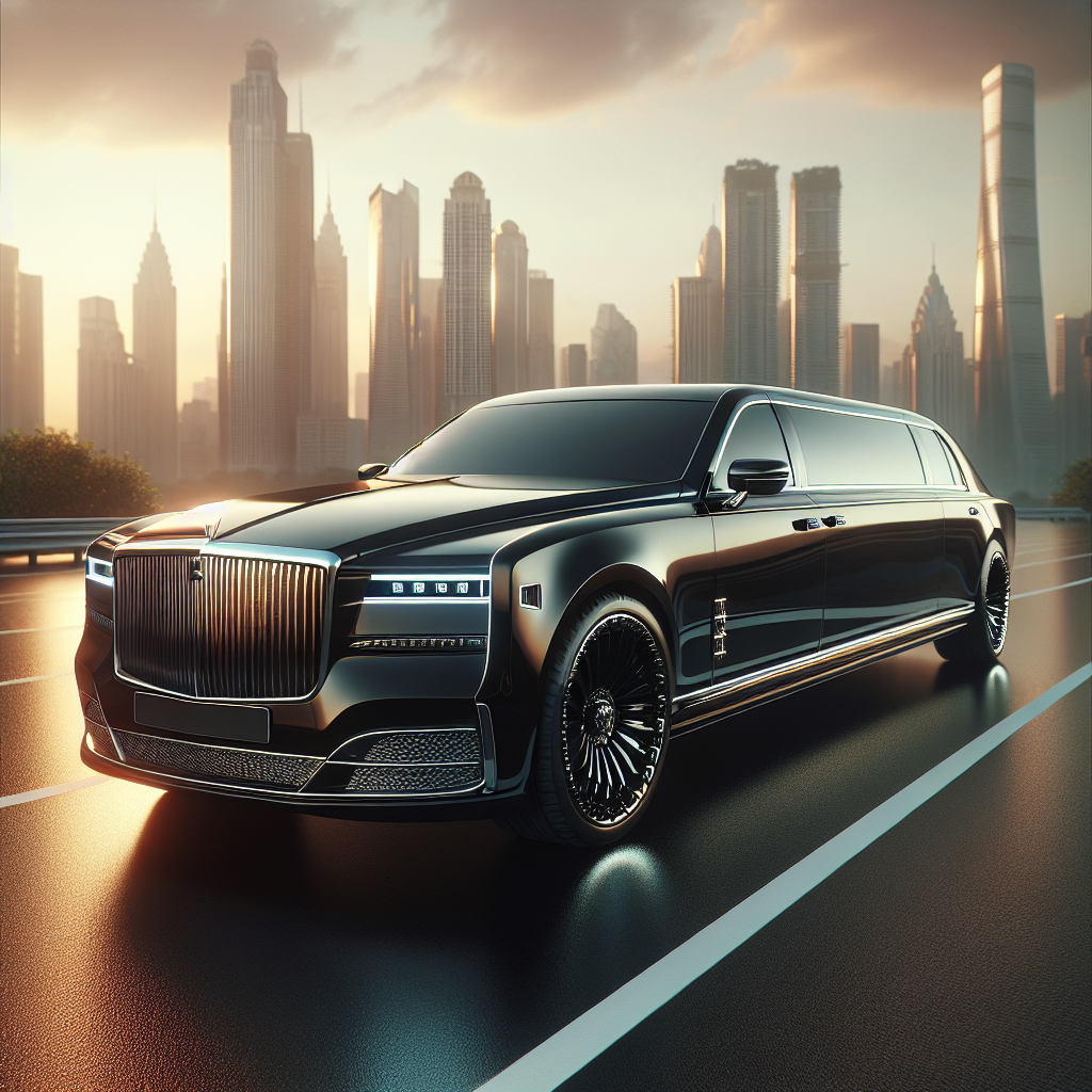 A sleek black car limo with tinted windows and chrome details, set against a city skyline during golden hour.