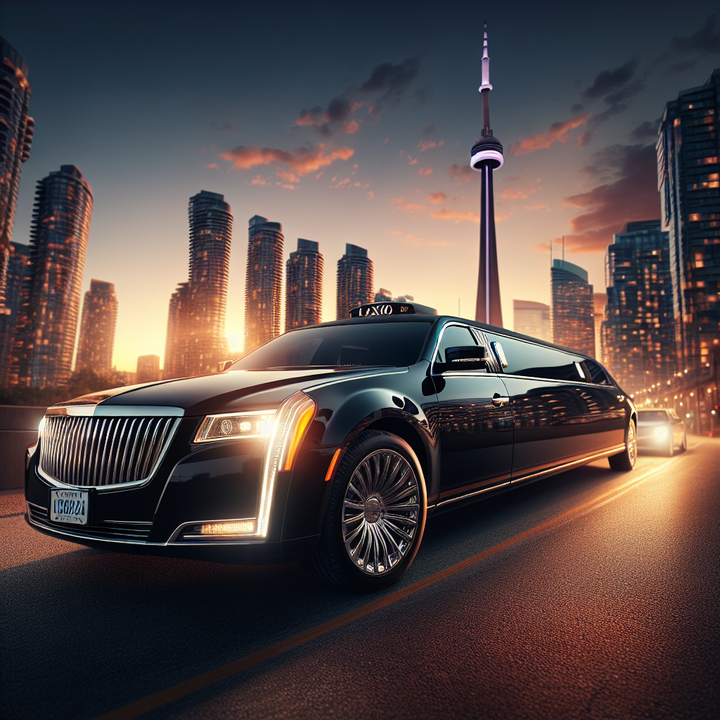 A luxurious black limousine in front of the CN Tower in Toronto during sunset, illustrating a high-end flat rate airport taxi service.