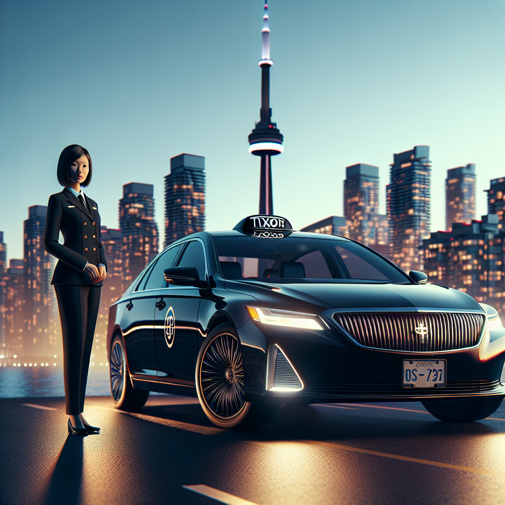 A luxury black sedan airport taxi with a professional driver in front of the CN Tower at dusk, representing Toronto's flat rate airport taxi service.