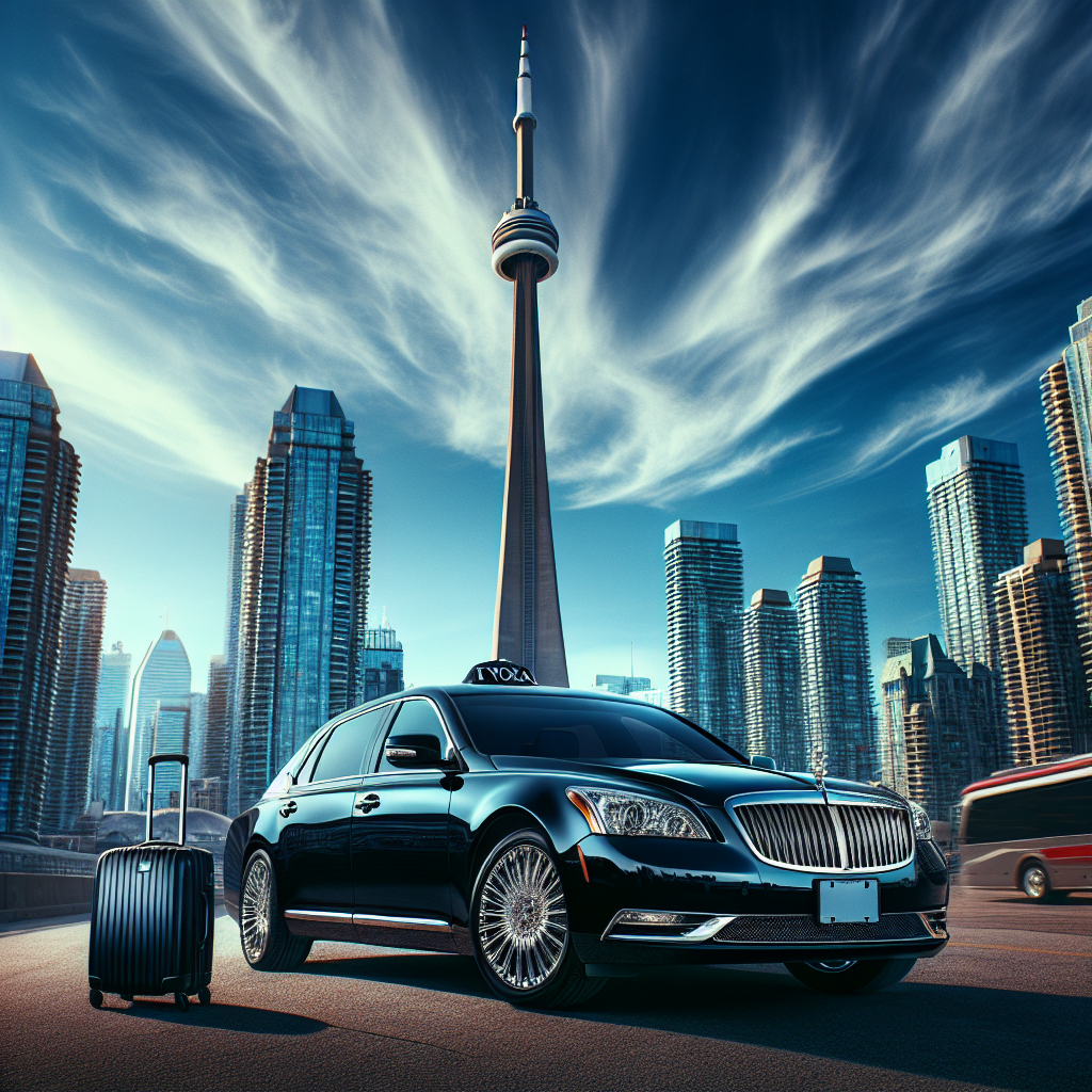 A luxury black sedan representing a Toronto airport taxi service parked in front of the CN Tower with luggage, illustrating comfort and reliability.