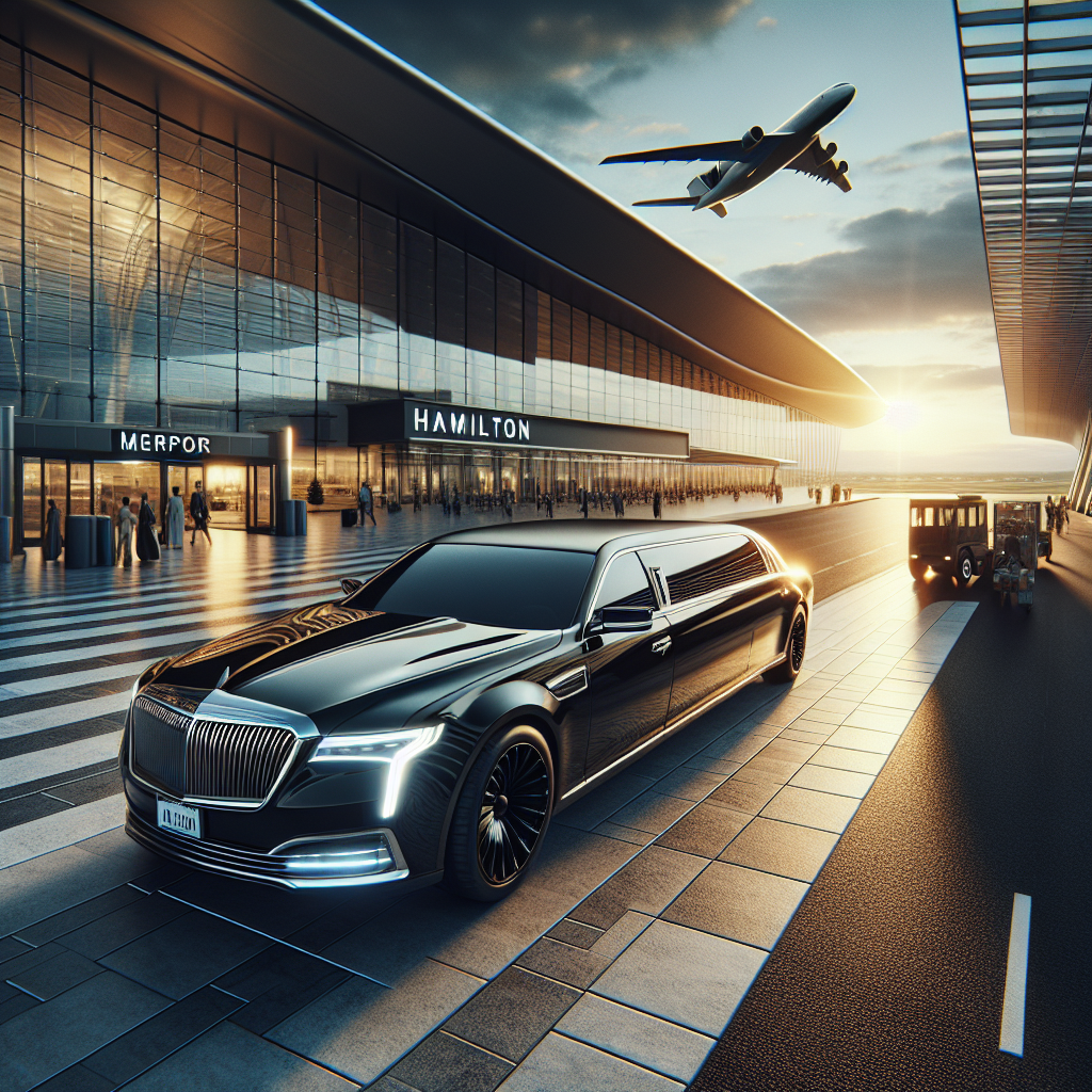 A black luxury sedan limousine parked outside a modern airport terminal during sunrise, reflecting the sophistication of Hamilton's airport limo services.