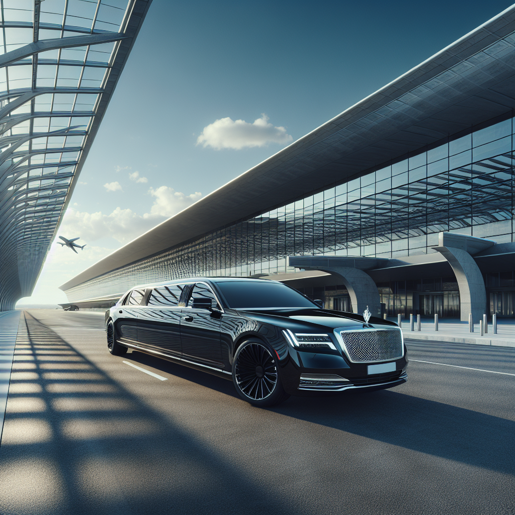 A black luxury sedan limousine parked in front of a modern airport terminal under a blue sky, with no people or other vehicles around.