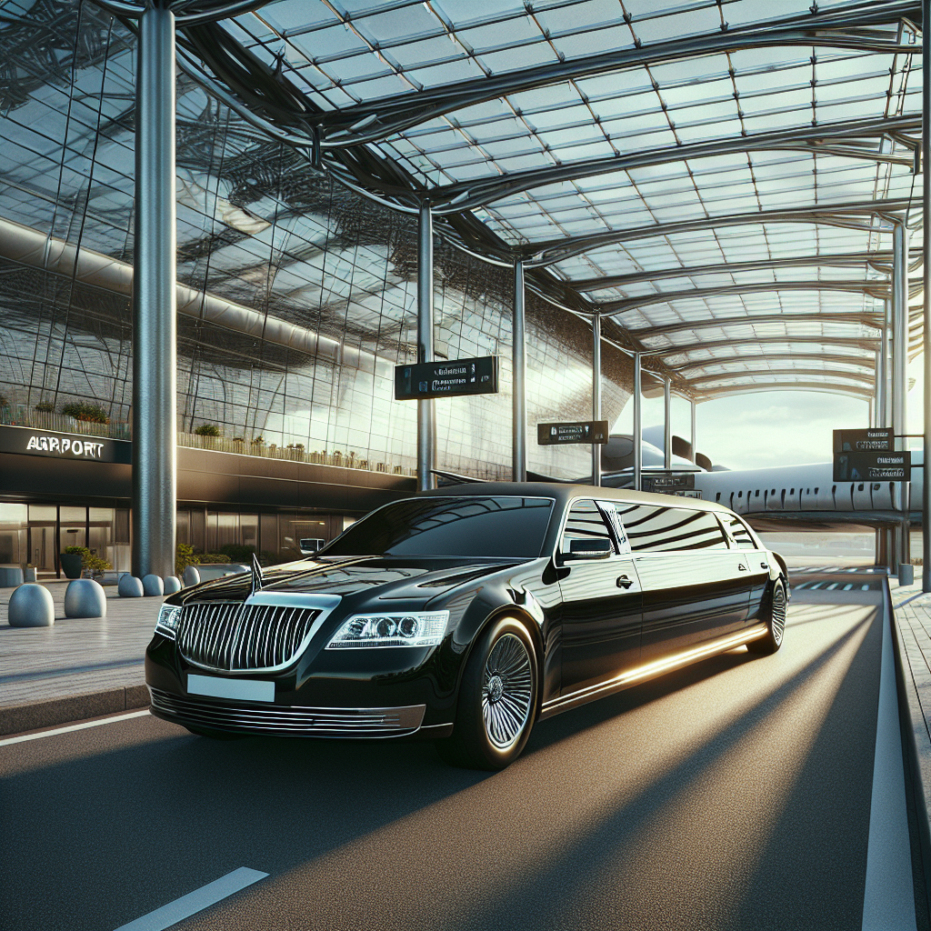 A sleek, black luxury limousine at a modern airport terminal in the early morning light without any visible text or specific characters.