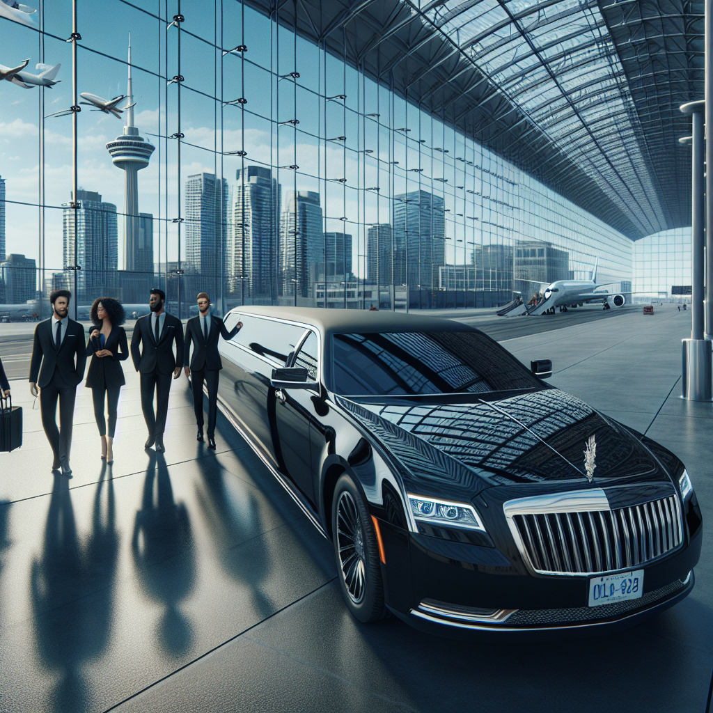 A black luxury limousine parked in front of an airport terminal with passengers boarding, reflecting the luxury and professionalism of Hamilton's airport limo services.