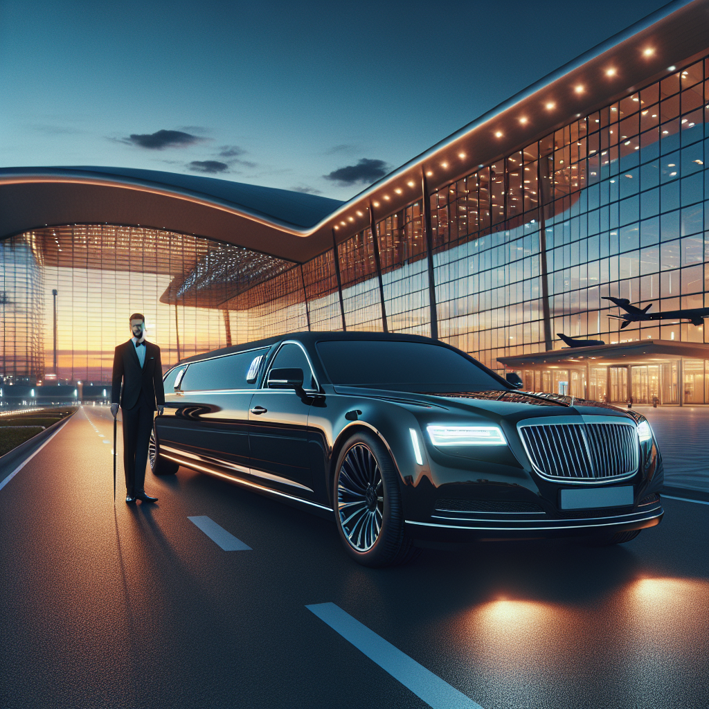 A black luxury limousine with a chauffeur at Hamilton Airport at dusk, no text or branding visible.