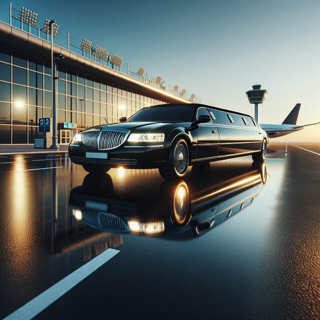 A black luxury limousine parked outside Hamilton airport in the soft glow of the early morning.