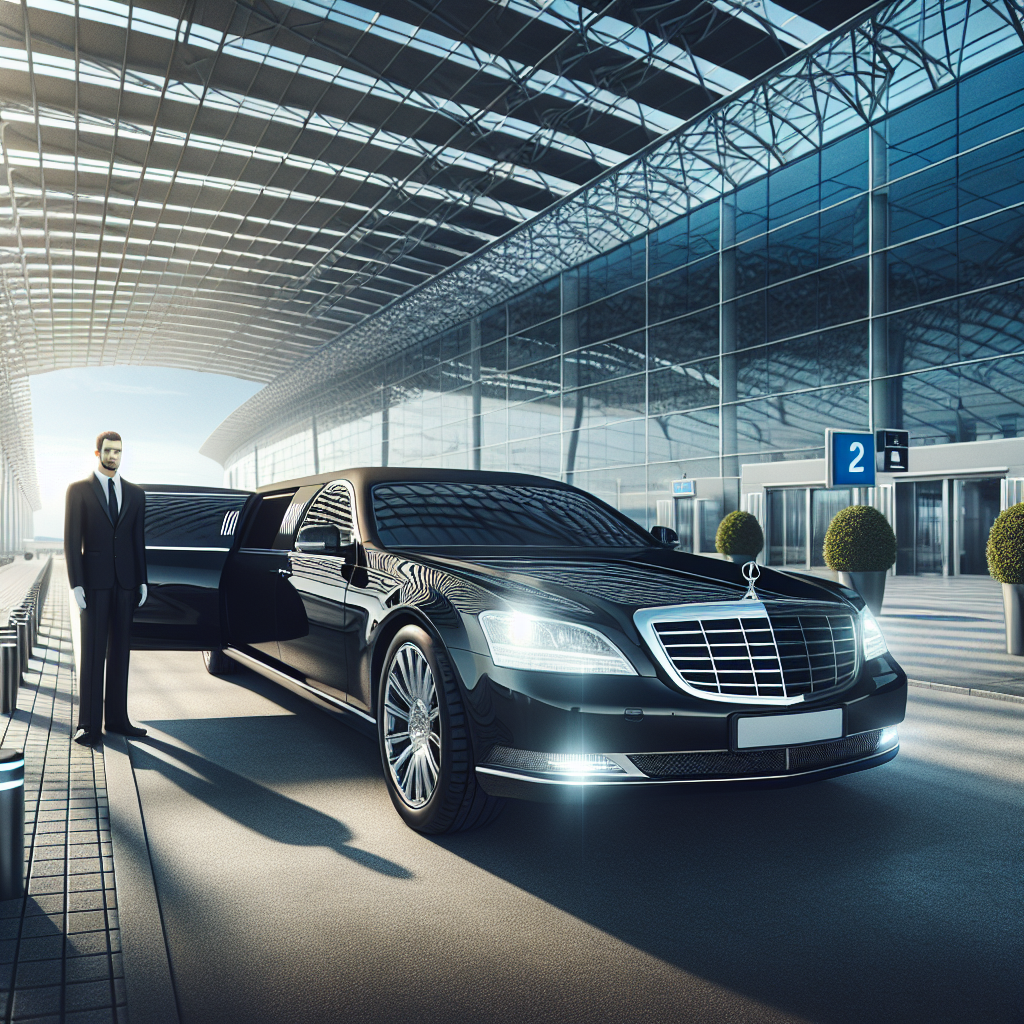 A black luxury limousine with a chauffeur waiting at the modern Hamilton airport terminal in daylight with no text or logos.