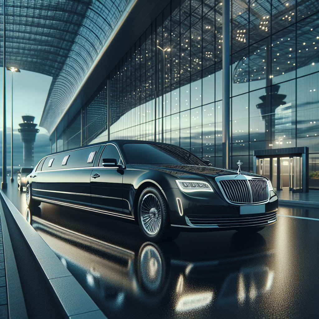 Black luxury limousine parked in front of a modern airport terminal in the early morning light.