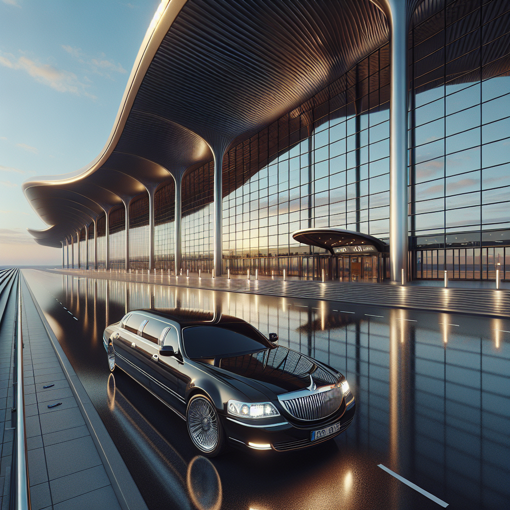 A black luxury limousine parked in front of a modern airport terminal in the morning light.