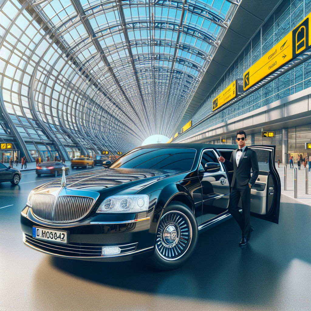 Luxury black limousine with a chauffeur outside Toronto Pearson International Airport, signifying upscale airport limo services.