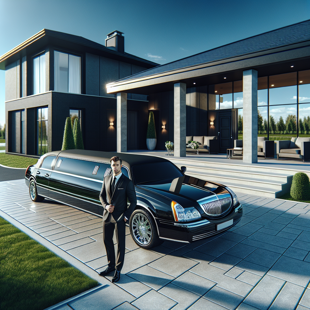 A luxury black limousine with a driver in uniform holding the car door open, parked outside a modern home under a clear blue sky.