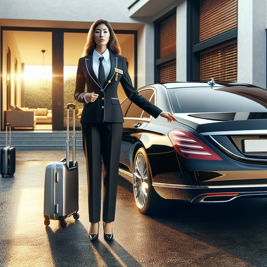 A chauffeur in uniform opening the rear door of a shiny black luxury sedan in front of a house, placing luggage in the trunk during golden hour.