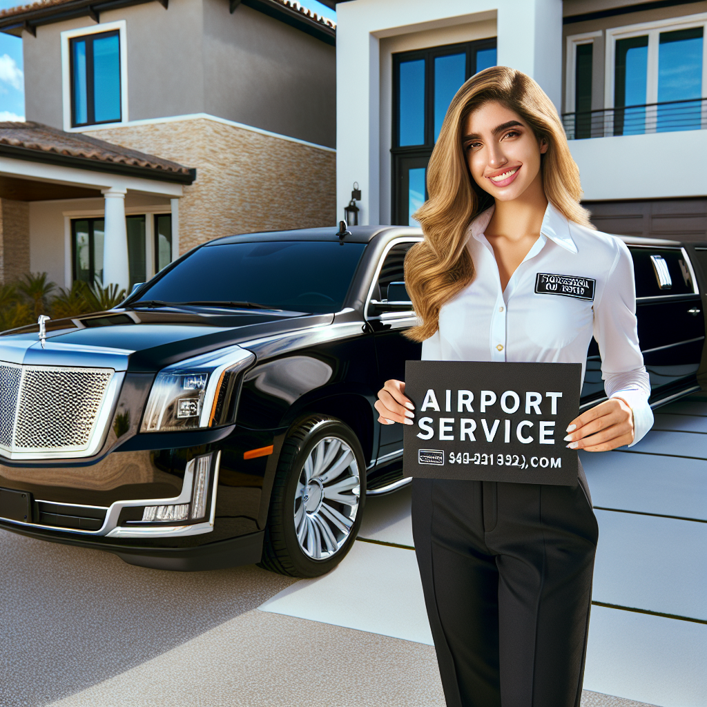 Professional driver in uniform by a luxury limousine in front of a home, ready for airport service.