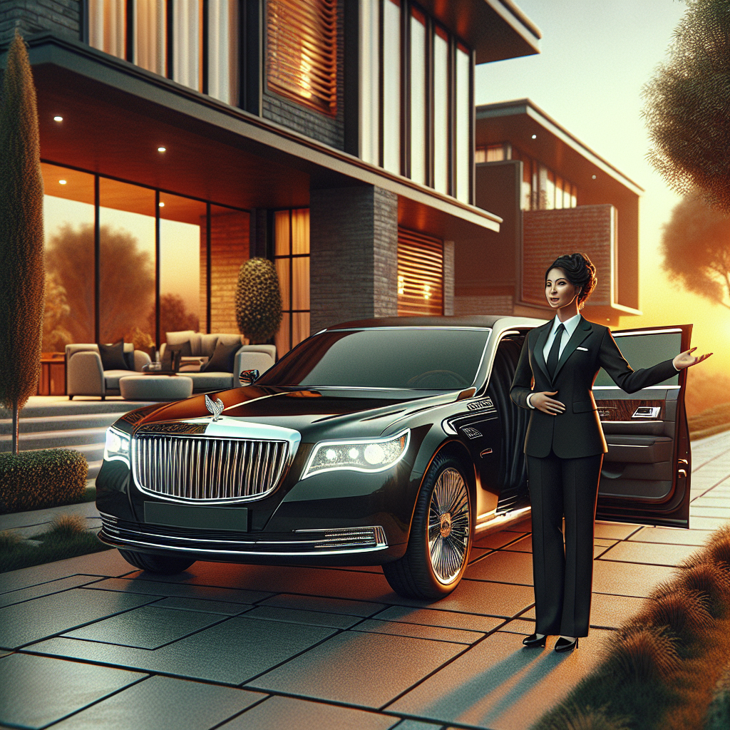 A luxury black sedan limousine with a chauffeur standing by the open door in front of a house at sunset.