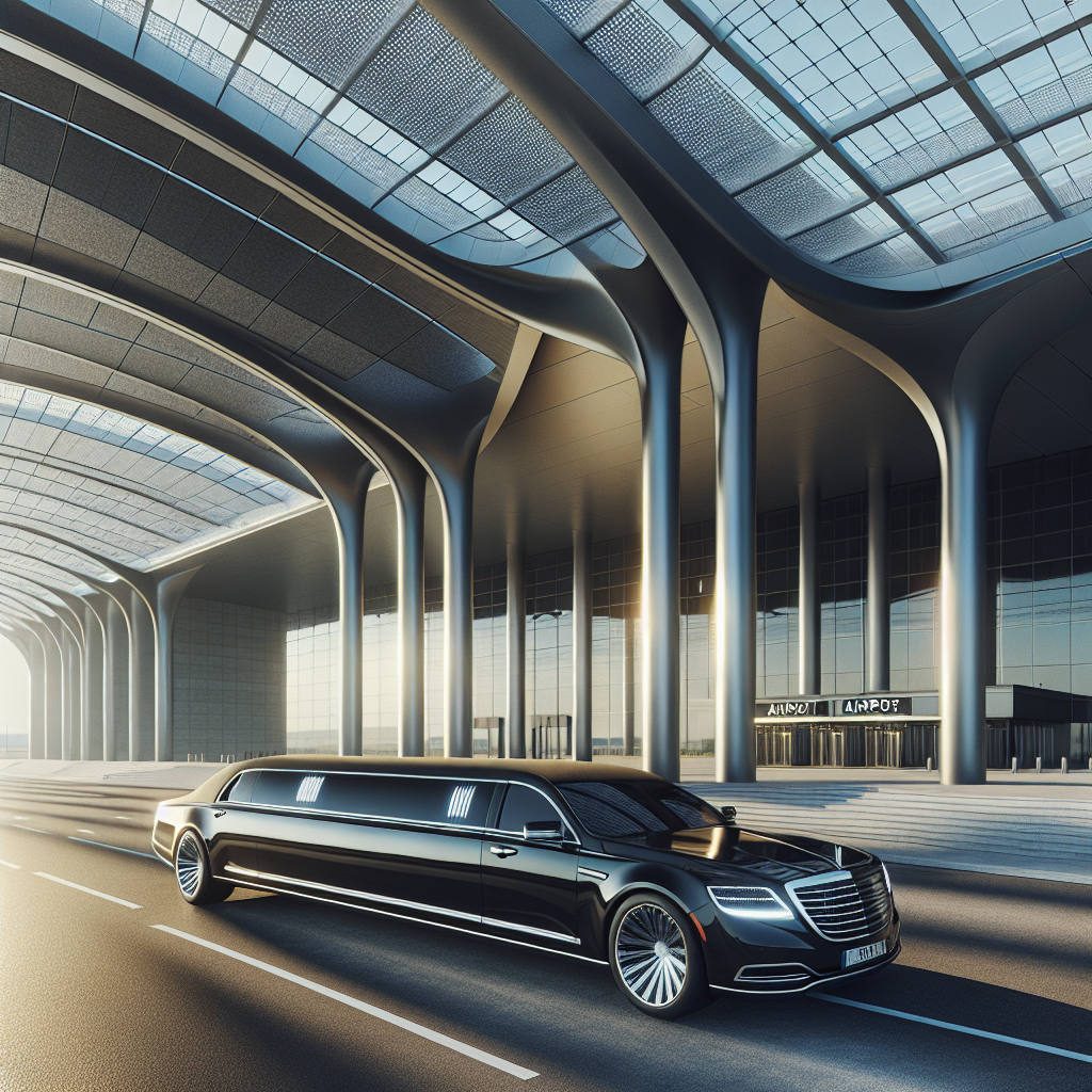 A sleek black limousine parked in front of a modern airport terminal, representing luxury travel.