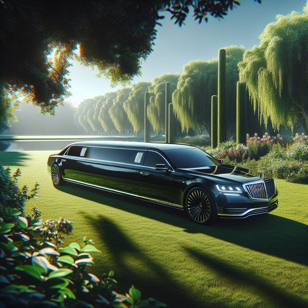 A luxurious black limousine parked by a serene park, surrounded by lush greenery under a clear blue sky, with no text or logos.