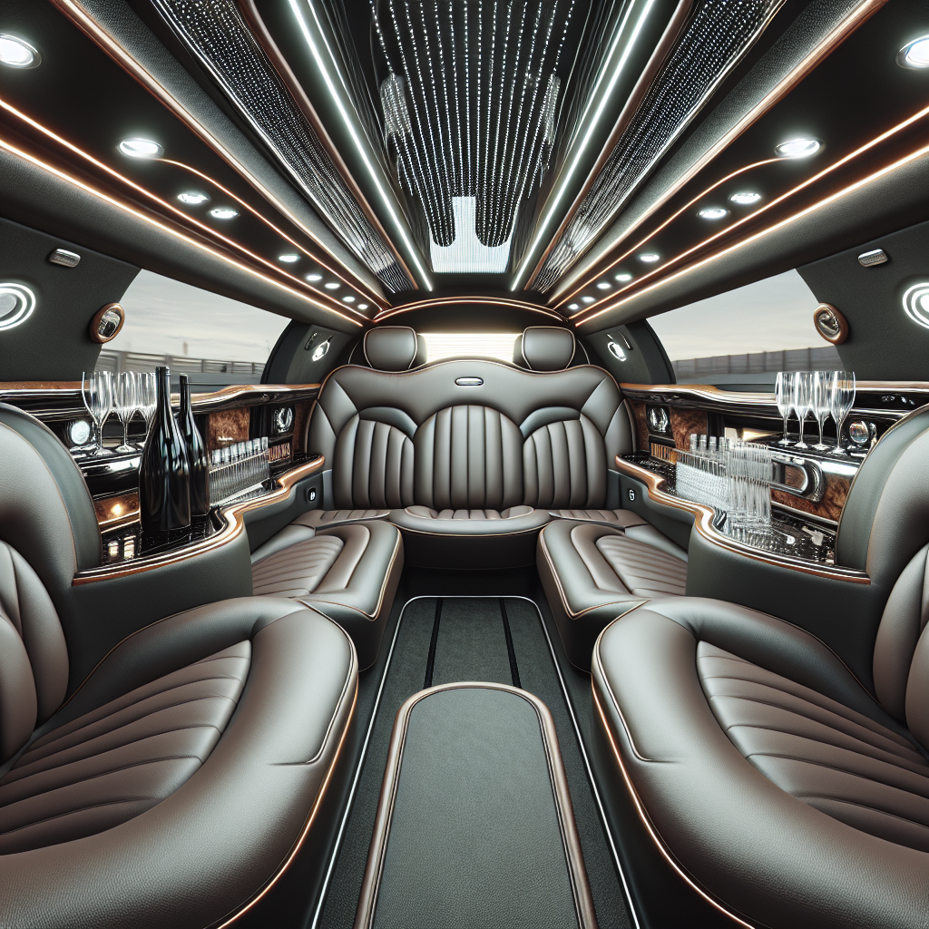 Luxury limousine interior with plush leather seats and spacious, well-maintained cabin, reflecting an elegant and comfortable atmosphere.