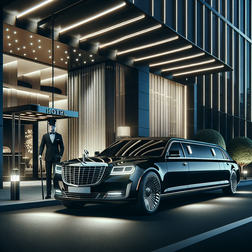 Luxurious black limousine parked in front of a modern upscale hotel with a professional chauffeur waiting outside.