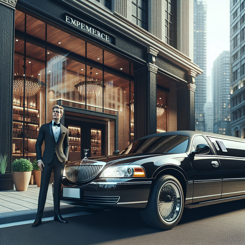 A black stretch limousine parked in front of a high-end establishment with a professional chauffeur standing by, conveying luxury and professionalism.