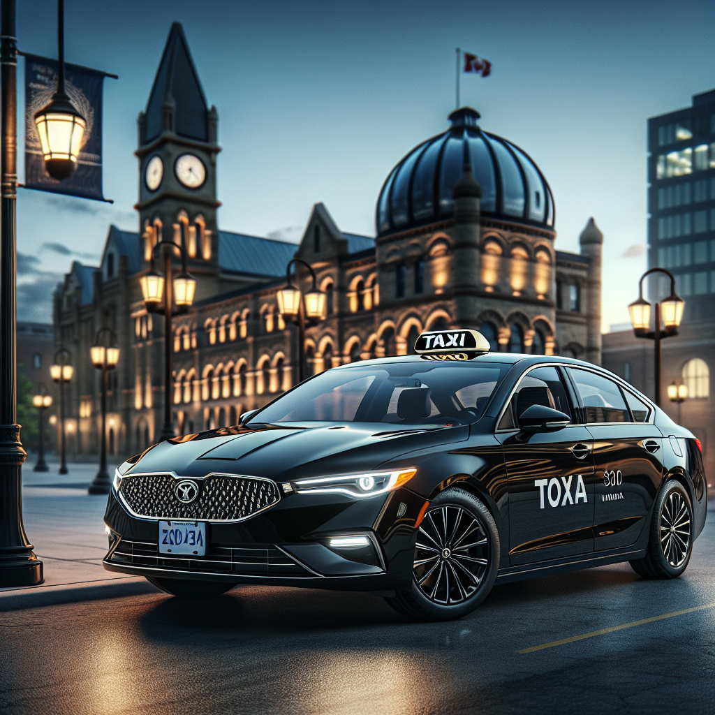 A sleek, luxury black taxi parked on a modern street in Kitchener-Waterloo at twilight, reflecting a high-end transportation service.